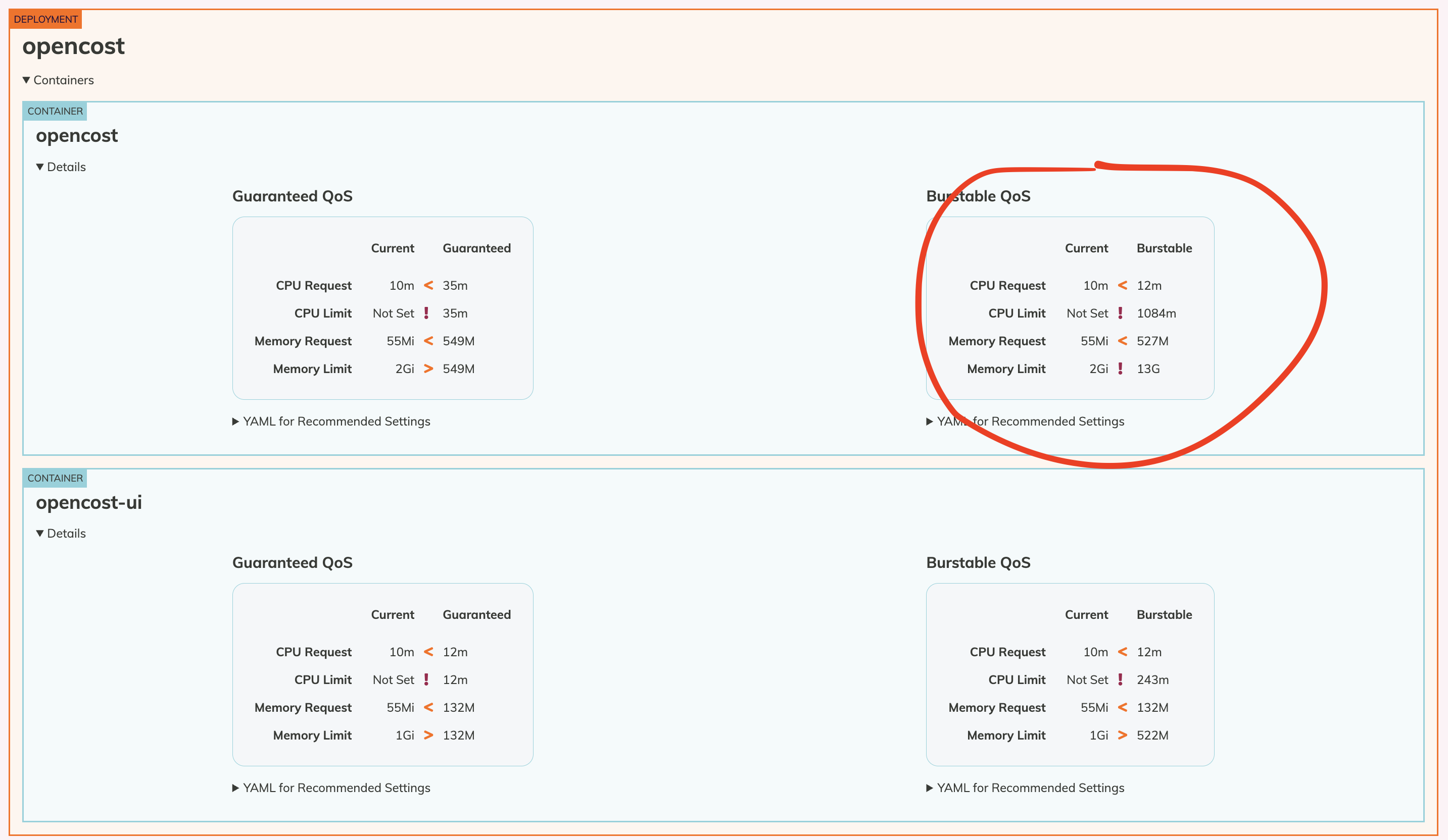 Goldilocks dashboard for the opencost deployment, showing Guaranteed and Burstable recommendations side by side, with the Burstable column circled in red