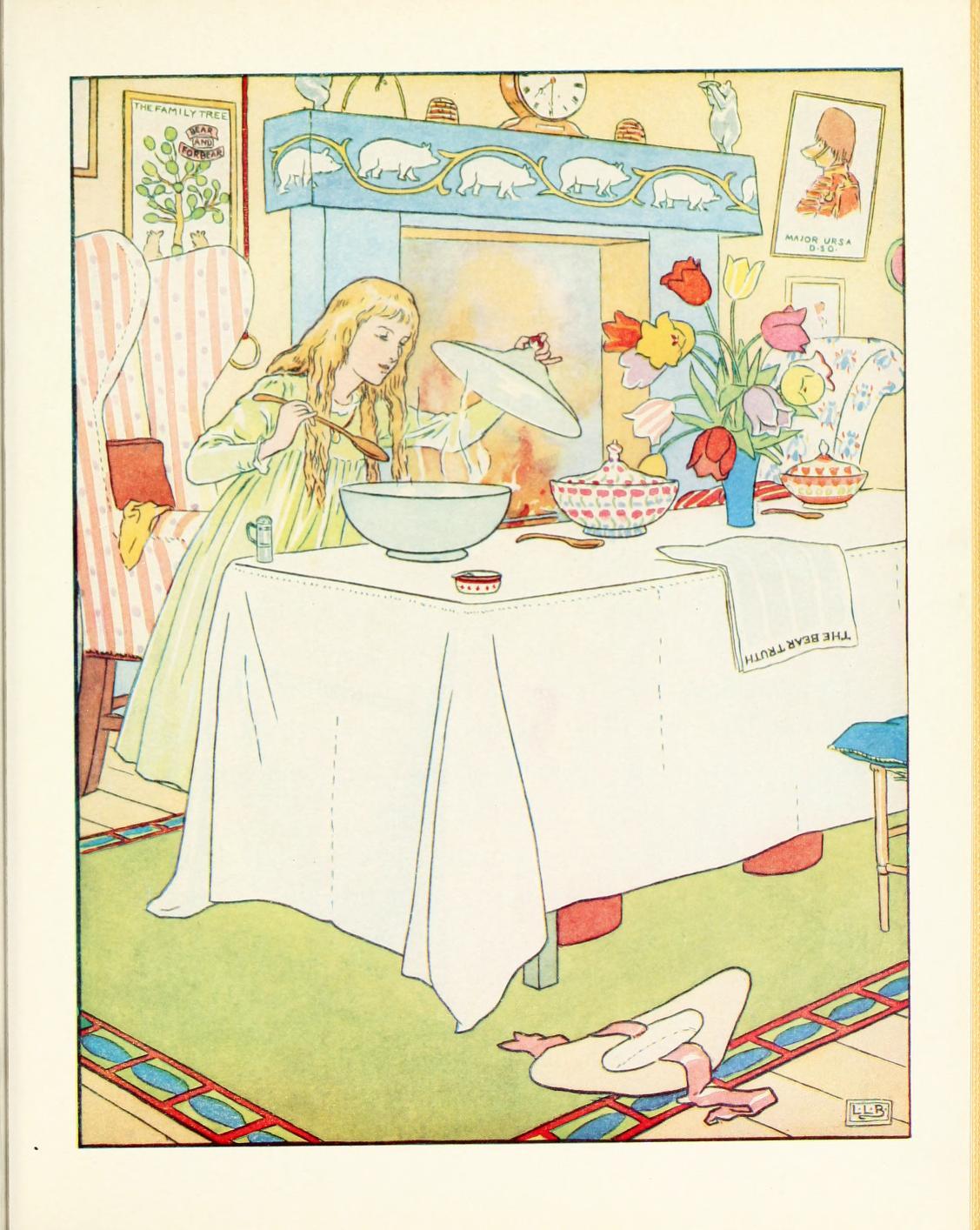 Goldilocks lifting the lid off one of three bowls of porridge on a table — illustration from Leonard Leslie Brooke's 1905 The Story of the Three Bears