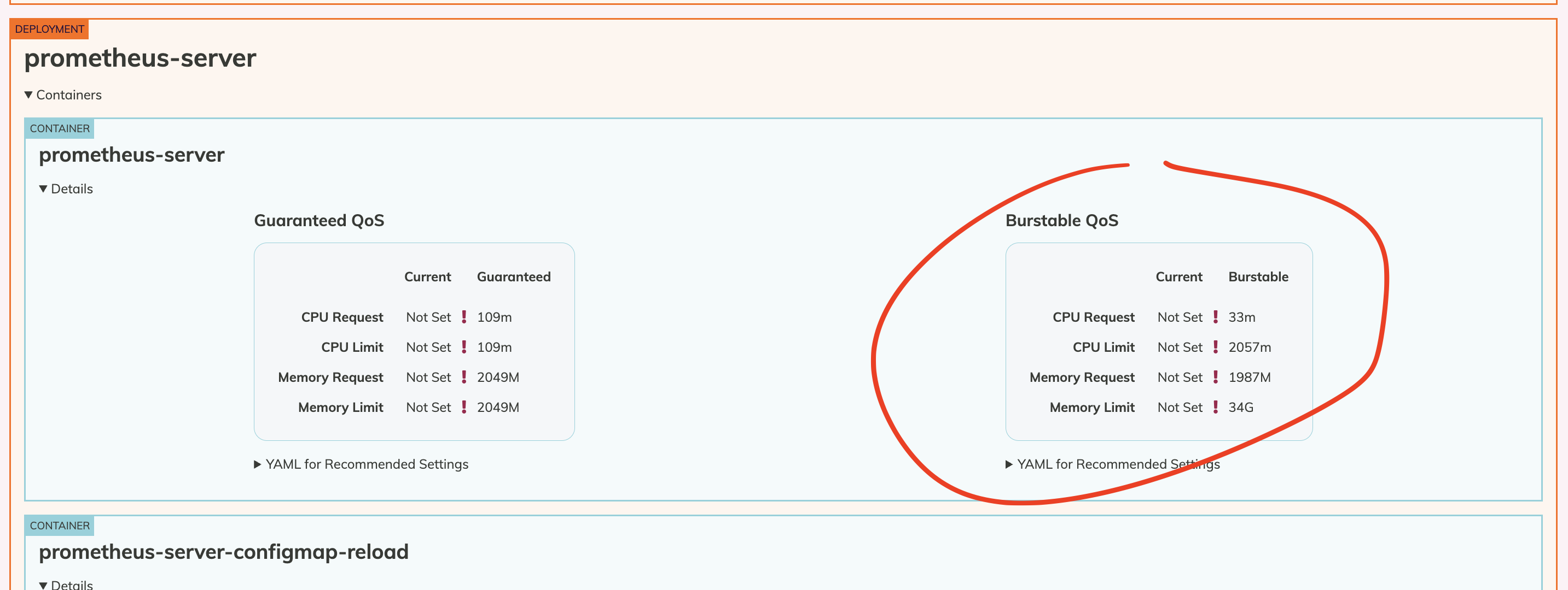 Goldilocks dashboard for the prometheus-server deployment, with the Burstable column circled in red